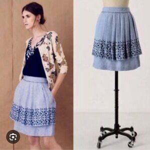 Odille Blue Linen-Cotton Embroidered Skirt w/ Pockets – Size Approx S